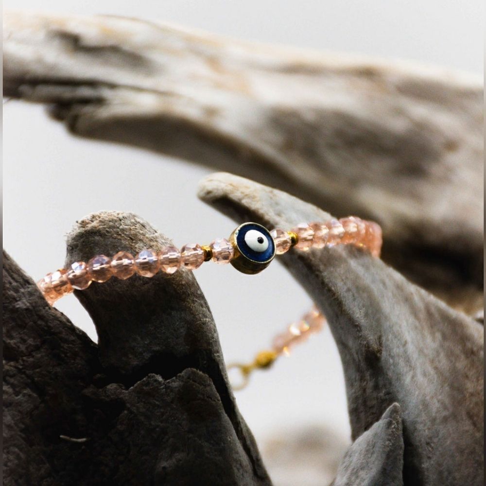 🧿 Pink Evil Eye Bracelet Gold Rhinestones Crystals NEW From Turkey